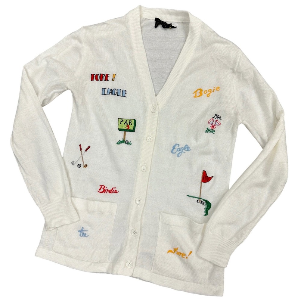 70s Andreno Argenti Golf Novelty Clubhouse Embroidered V-Neck Cardigan White M